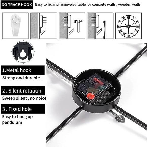 18.5 inch Large Wall Clock, Metal Retro Roman Numeral Clock, Black - Picture 6 of 6